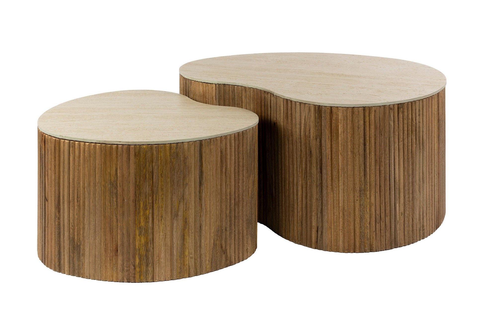 Couchtisch Tavara - 2er Set aus sandfarbenem Mangoholz mit Keramik-Tischplatte