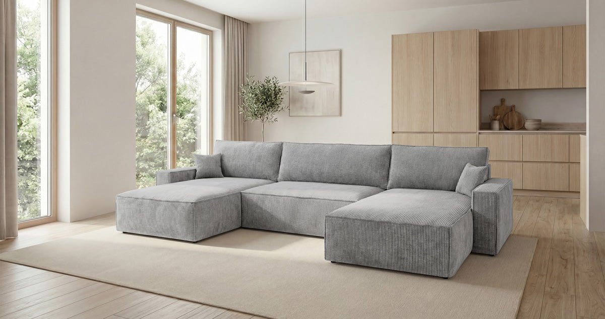 Designer Sofa Vienna U mit Schlaffunktion und Stauraum in Cord