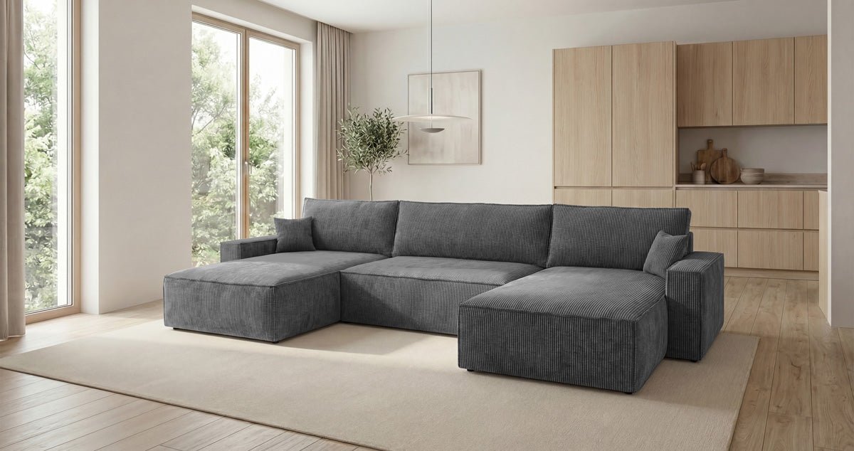 Designer Sofa Vienna U mit Schlaffunktion und Stauraum in Cord