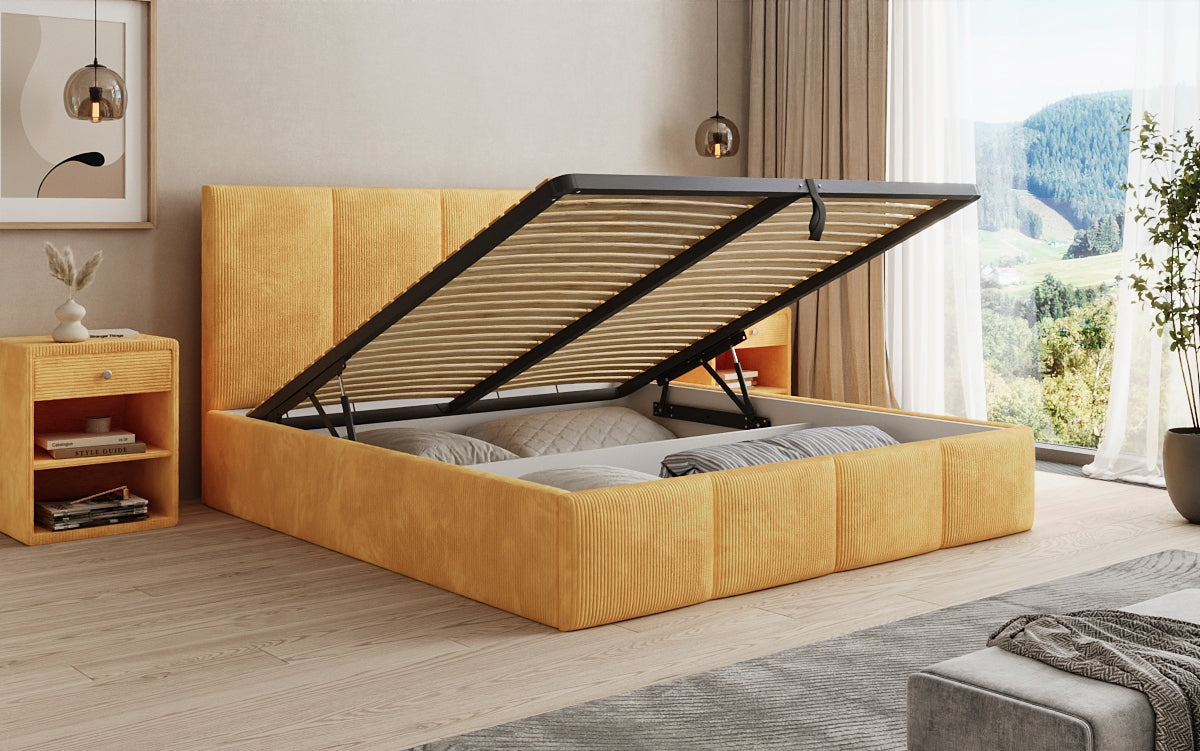 Designer Polsterbett Mina in Cord mit Stauraum