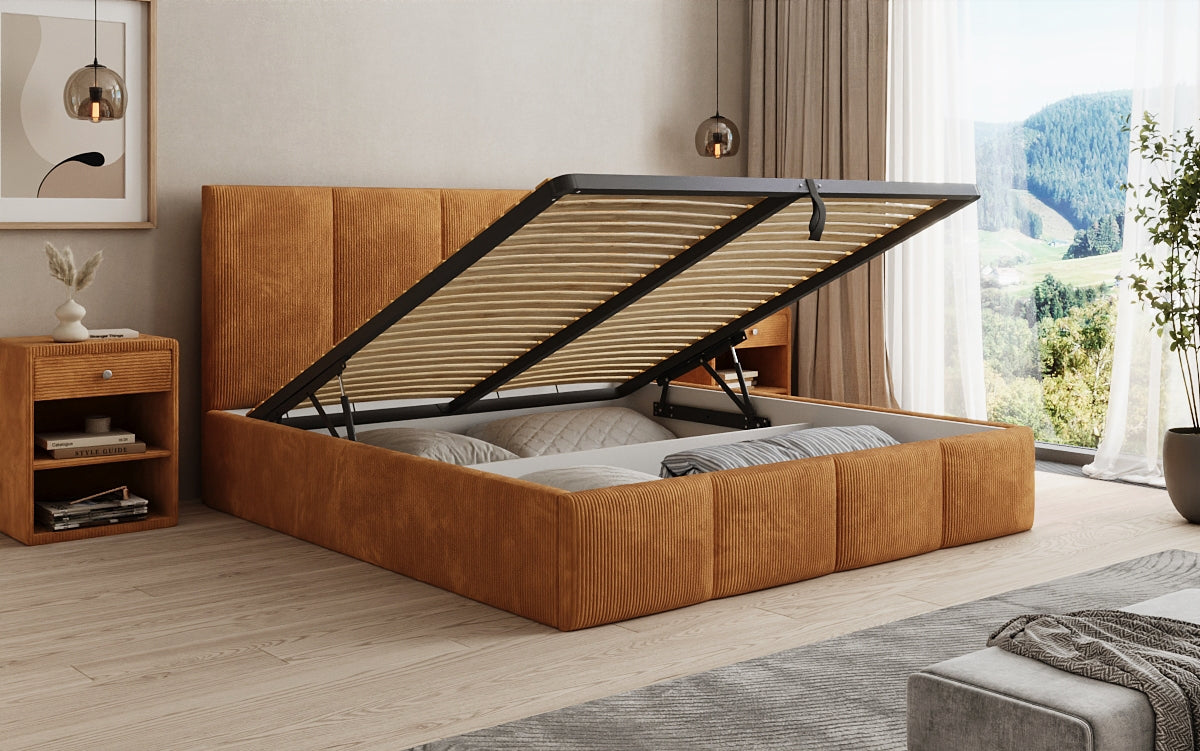 Designer Polsterbett Mina in Cord mit Stauraum