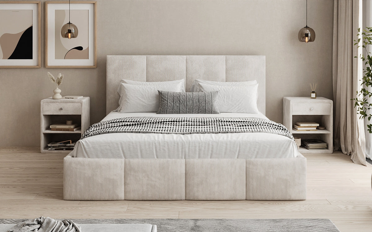 Designer Polsterbett Mina in Cord mit Stauraum