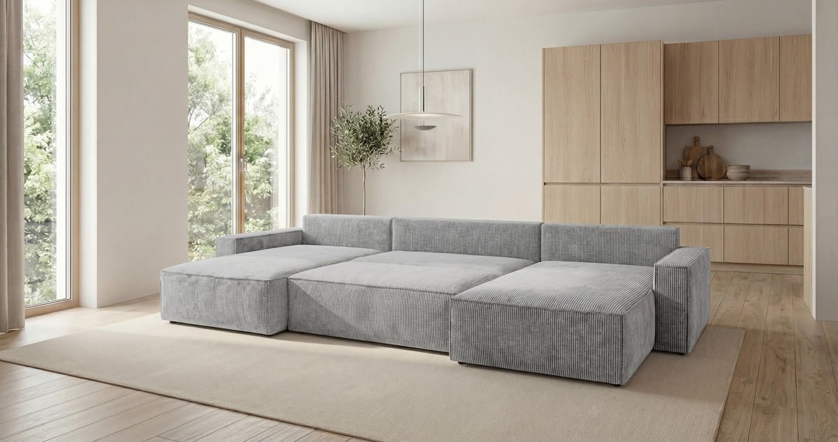 Designer Sofa Vienna U mit Schlaffunktion und Stauraum in Cord