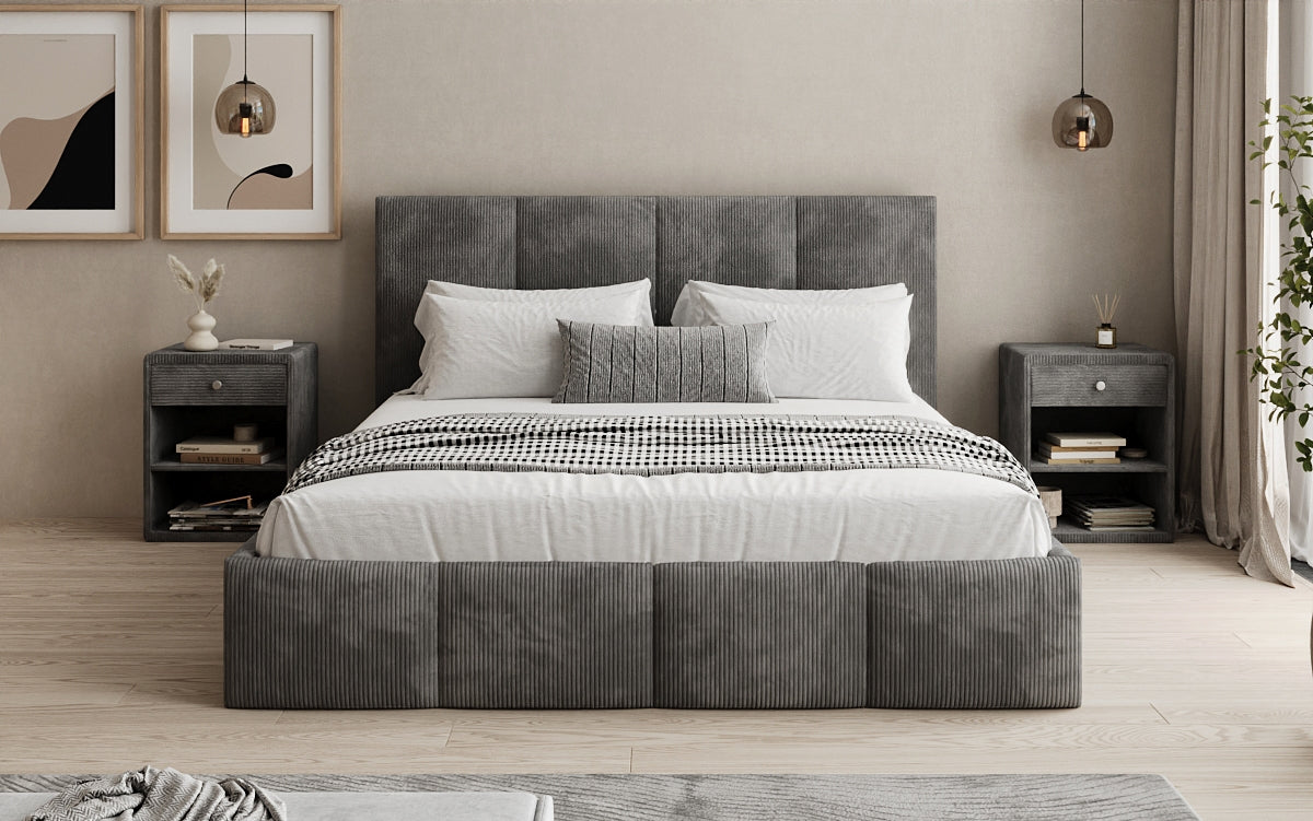 Designer Polsterbett Mina in Cord mit Stauraum