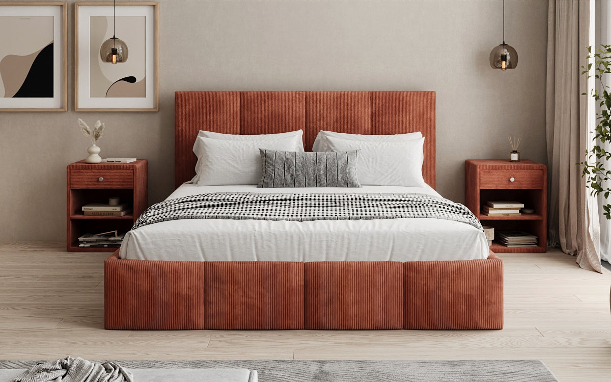Designer Polsterbett Mina in Cord mit Stauraum
