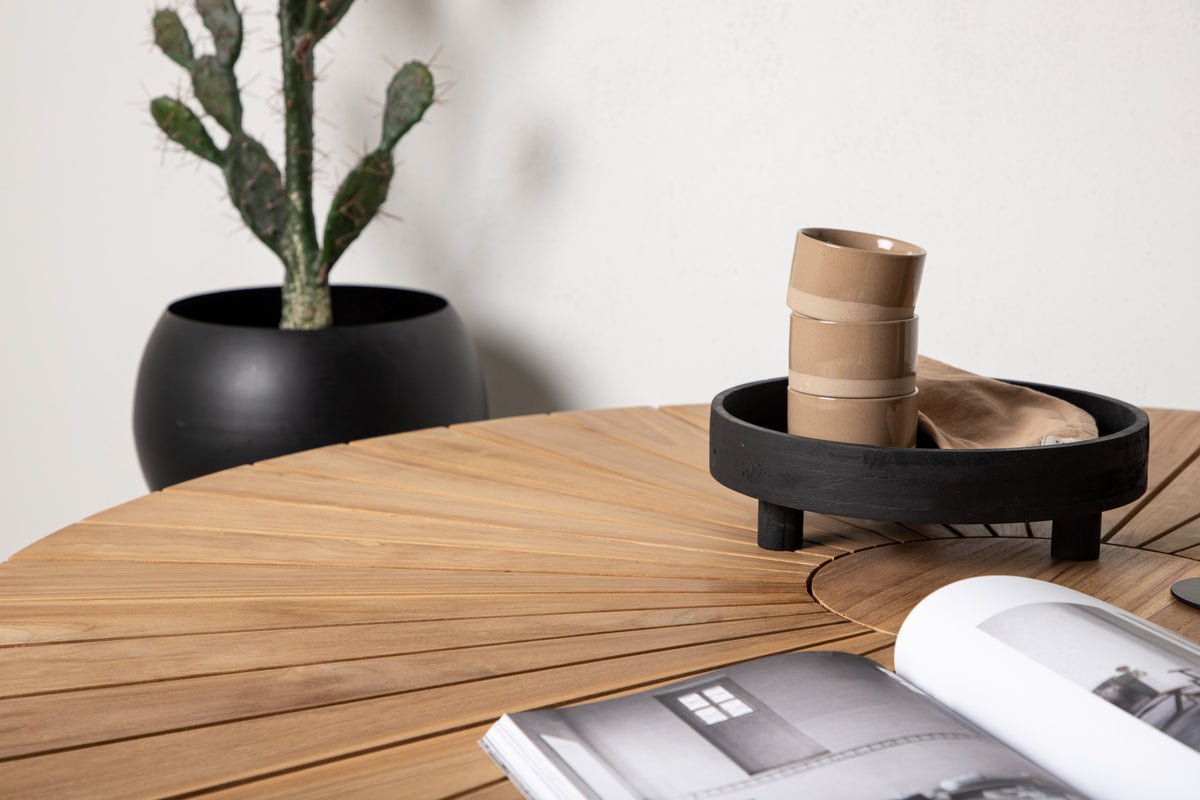 Gartentisch Mirani - ein runder Esstisch aus Metall und Teakholz