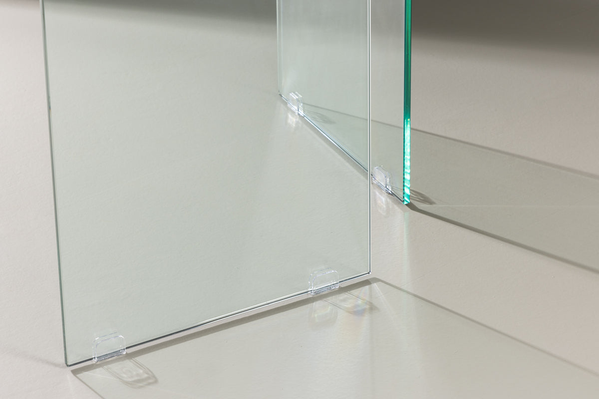 Esstisch Brevon - moderner Esstisch auf einem Glasgestell mit hellgrauer Tischplatte