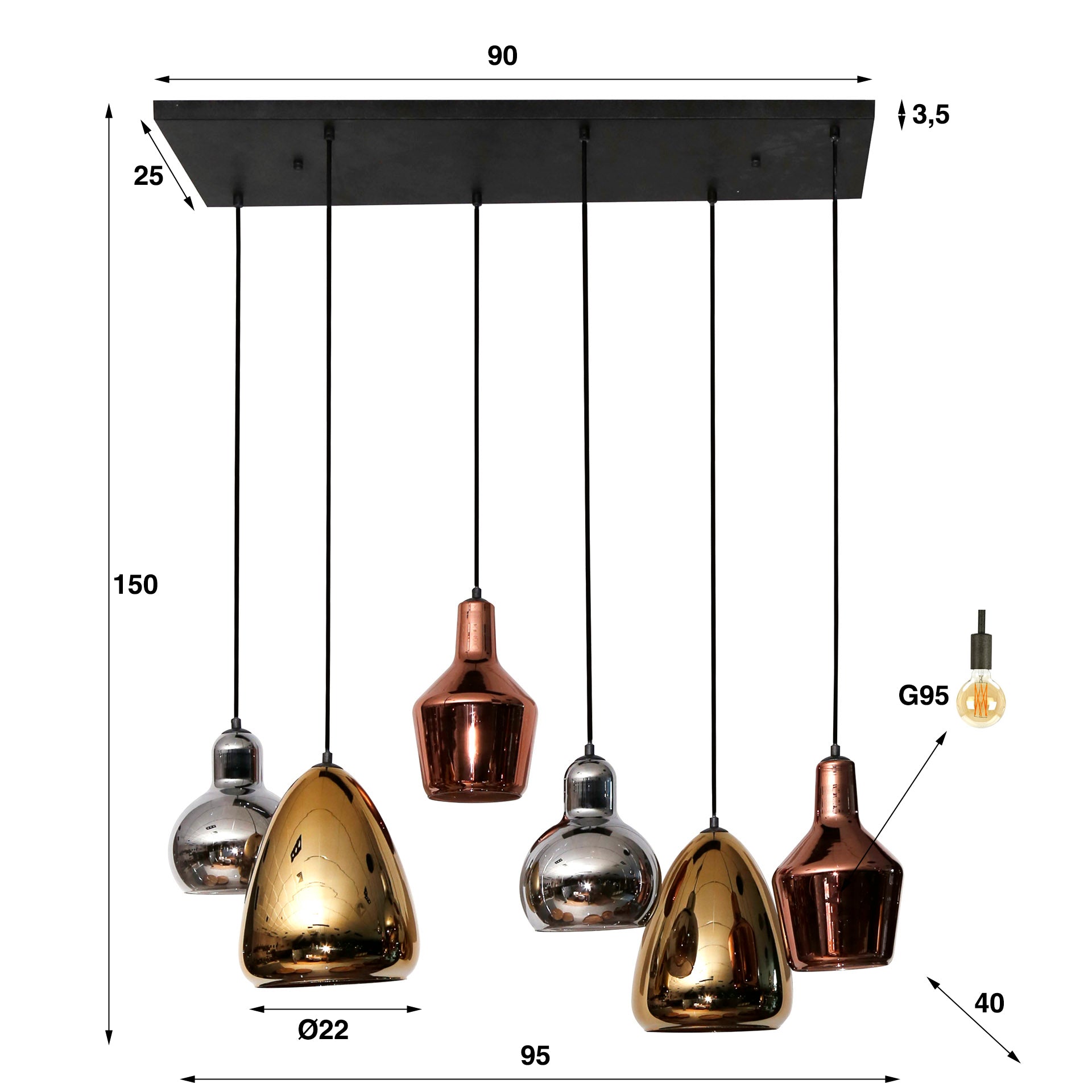 Pendelleuchte "Arvella“ – 6 Leuchten in Gold, Kupfer und Chrom in verschiedenen Formen