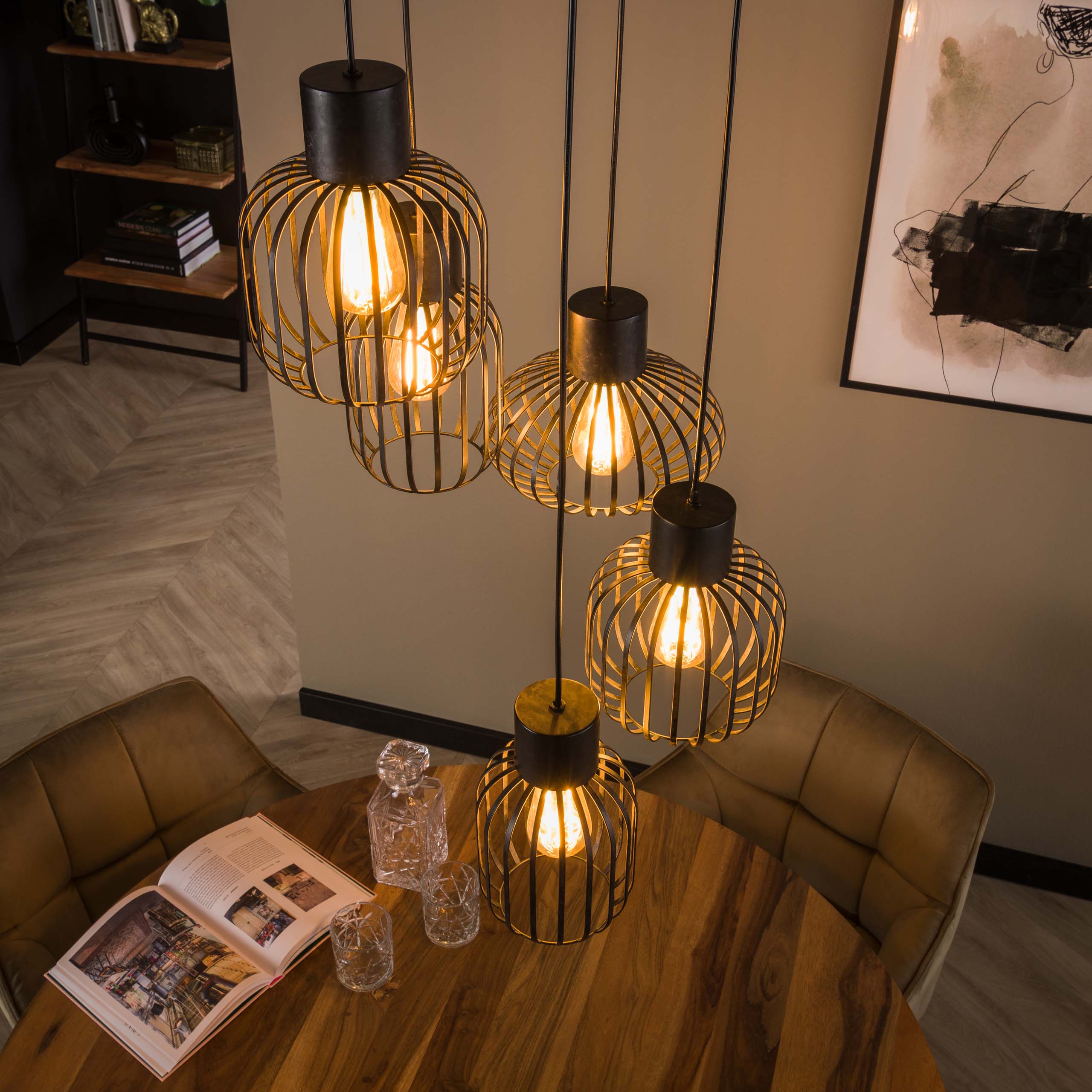 Pendelleuchte „Valeris“ – Gestuft mit 5 Leuchten aus anthrazitfarbenem Metallgitter