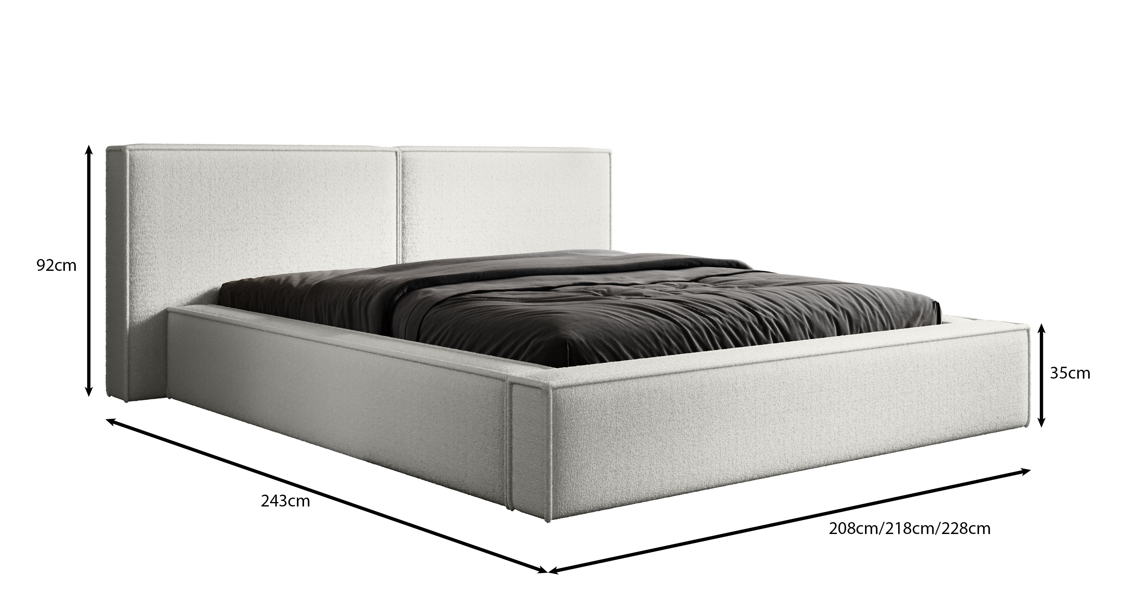 Designer Upholstered Bed Ophelia in Bouclé with Storage