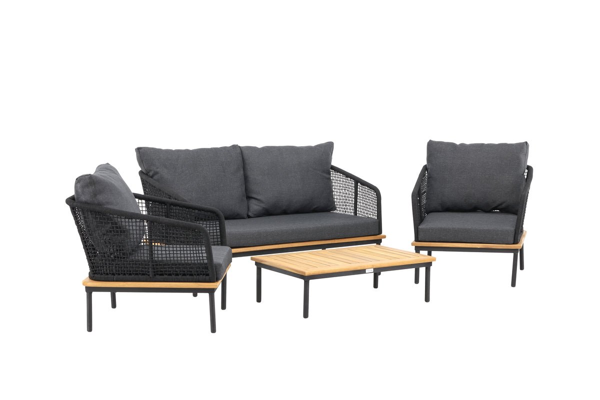 Garten Loungeset Malina – mit Holzdetails, geflochtenem Seil & grauen Kissen