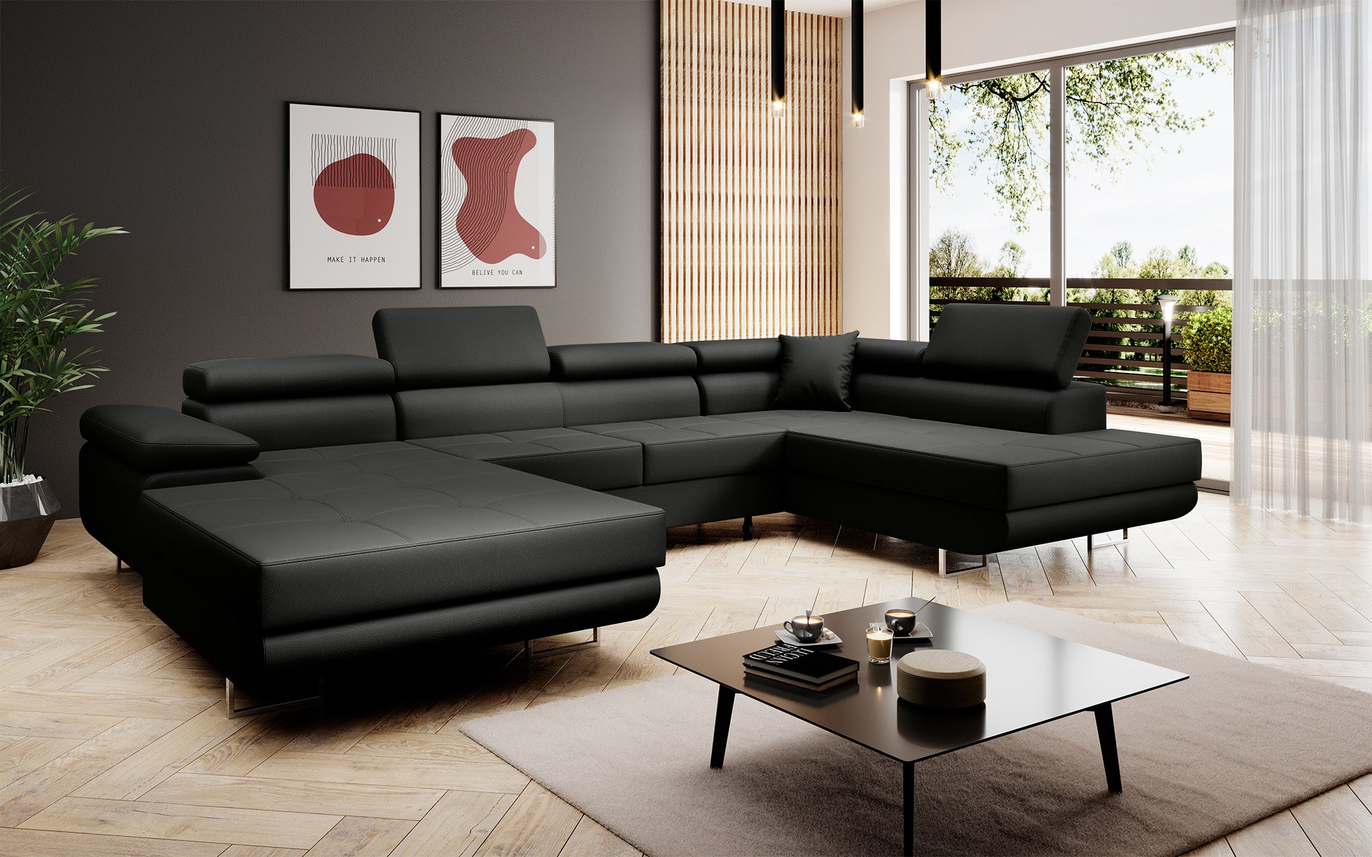 Designer sofa Lago with sleep and folding function in faux leather