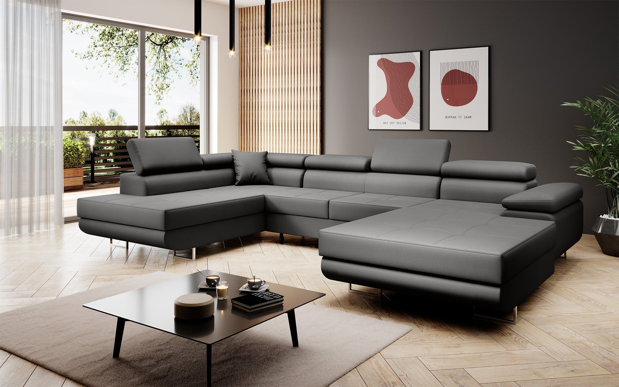 Designer sofa Lago with sleep and folding function in faux leather