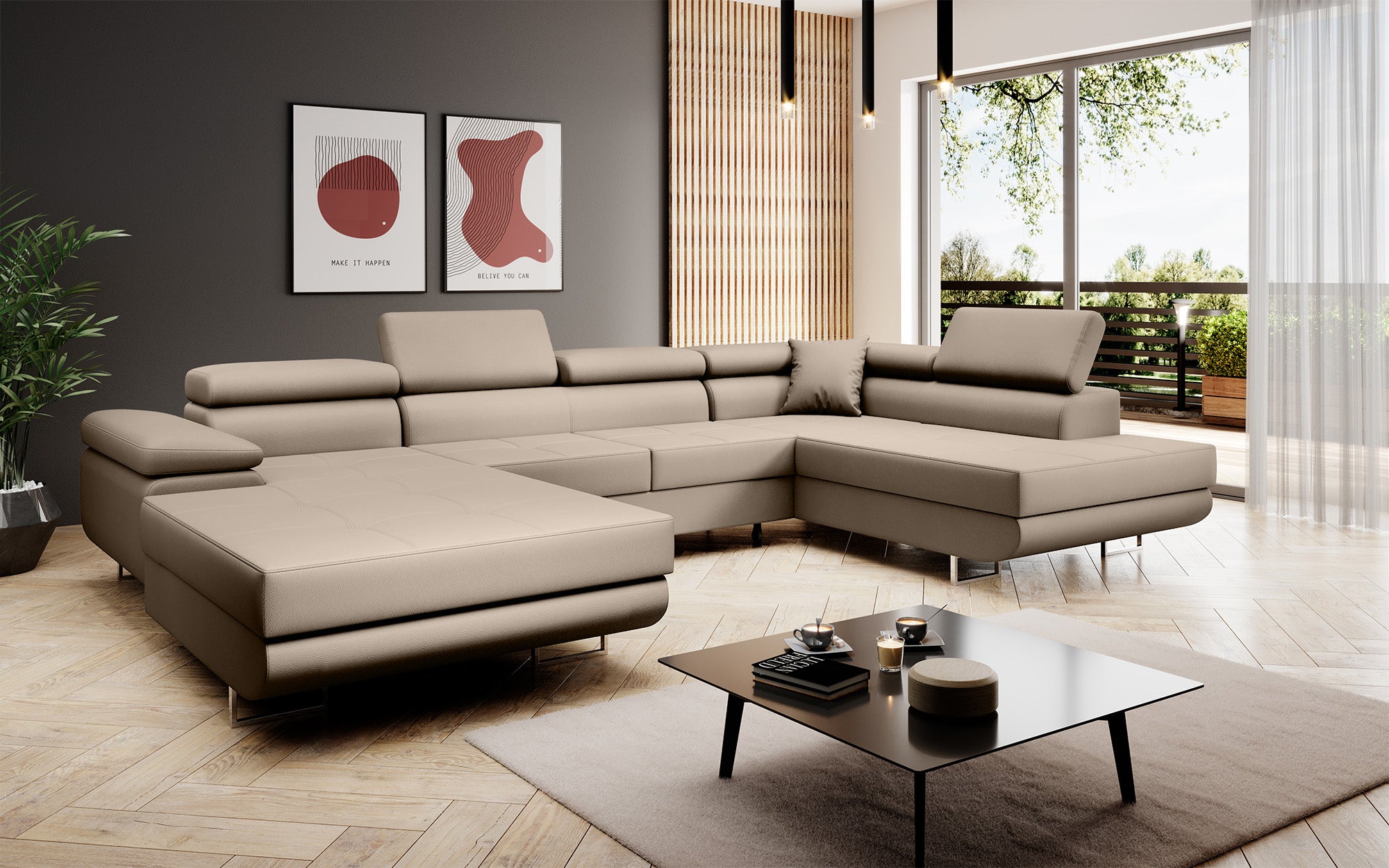 Designer sofa Lago with sleep and folding function in faux leather