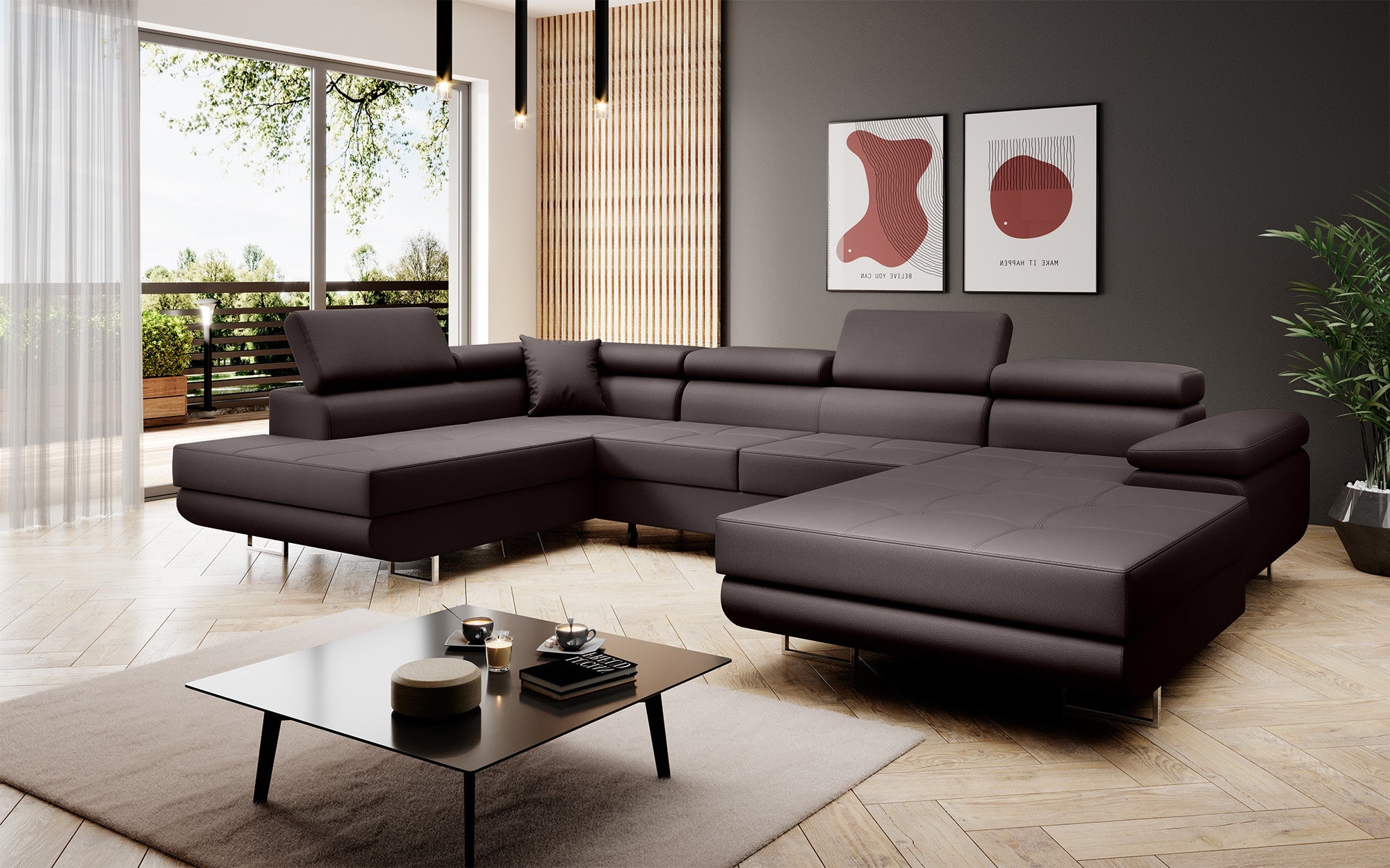 Designer sofa Lago with sleep and folding function in faux leather