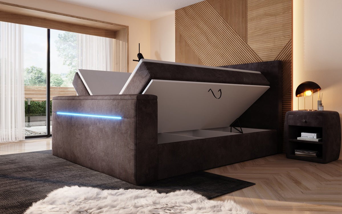Boxspringbett Sejour mit TV Lift, RGB und Stauraum in Cord