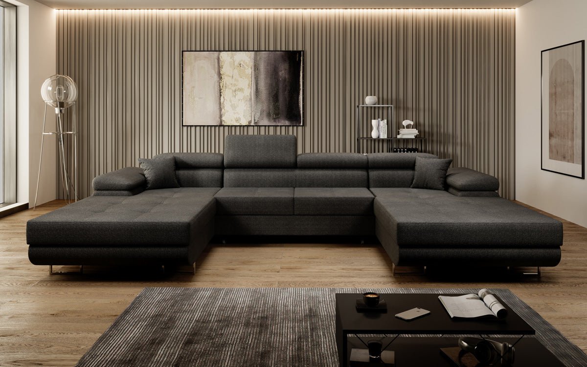 Designer Sofa Calvera U mit Schlaf- und Klappfunktion in Bouclé