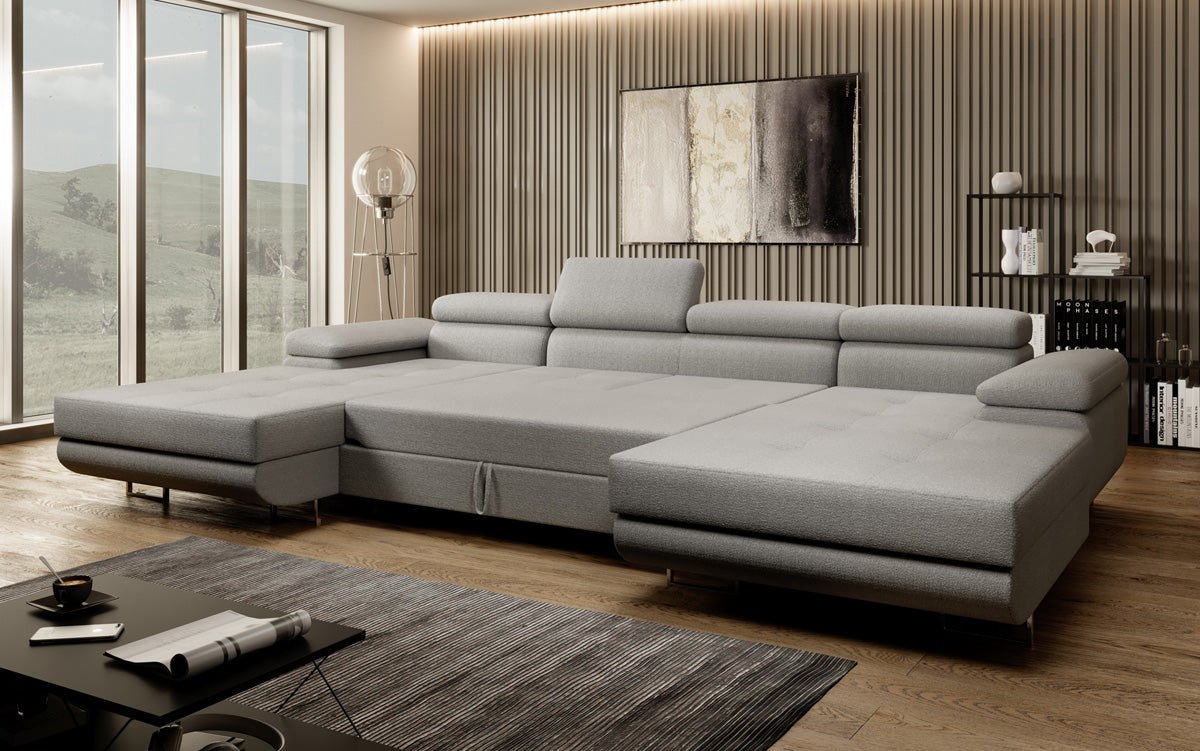 Designer Sofa Calvera U mit Schlaf- und Klappfunktion in Bouclé