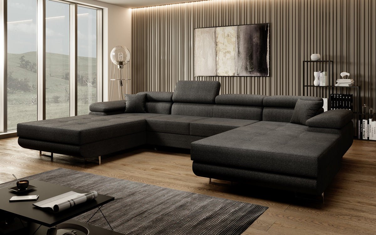 Designer Sofa Calvera U mit Schlaf- und Klappfunktion in Bouclé