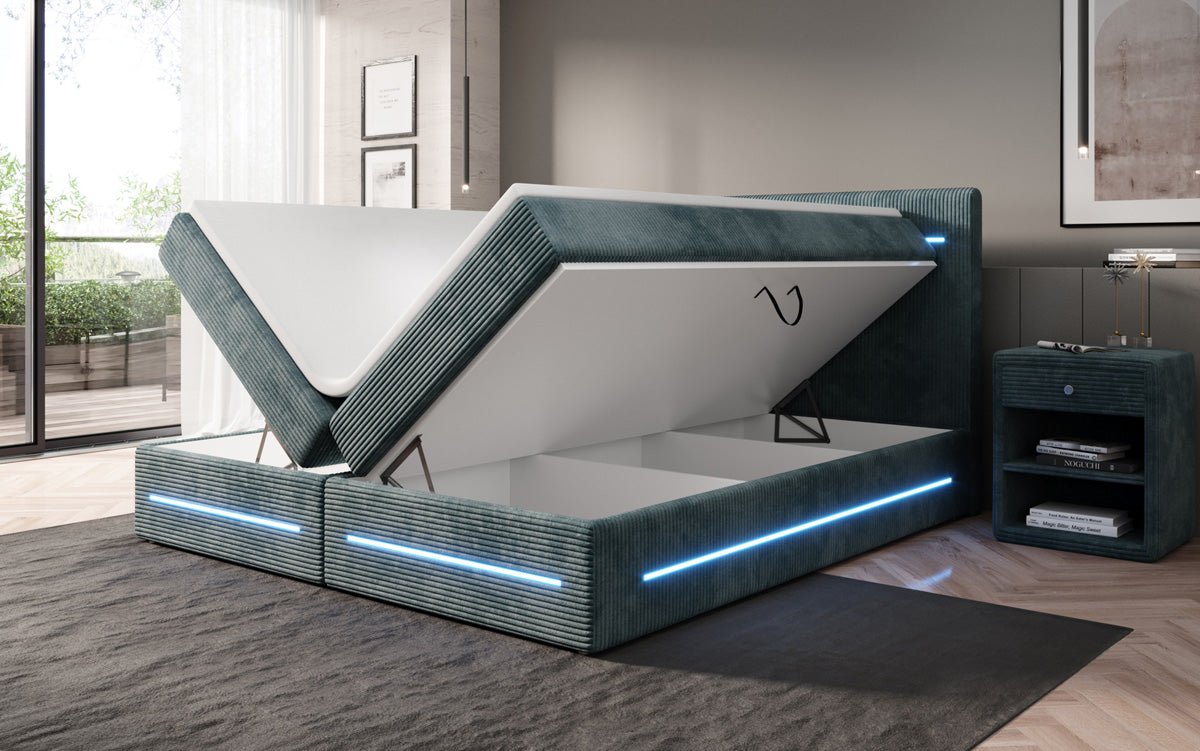 Boxspringbett Lara mit Stauraum und LED in Cord