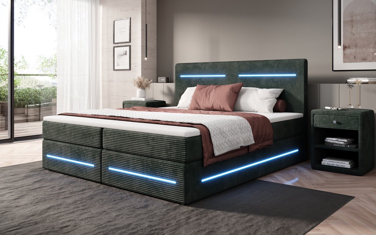 Boxspringbett Lara mit Stauraum und LED in Cord