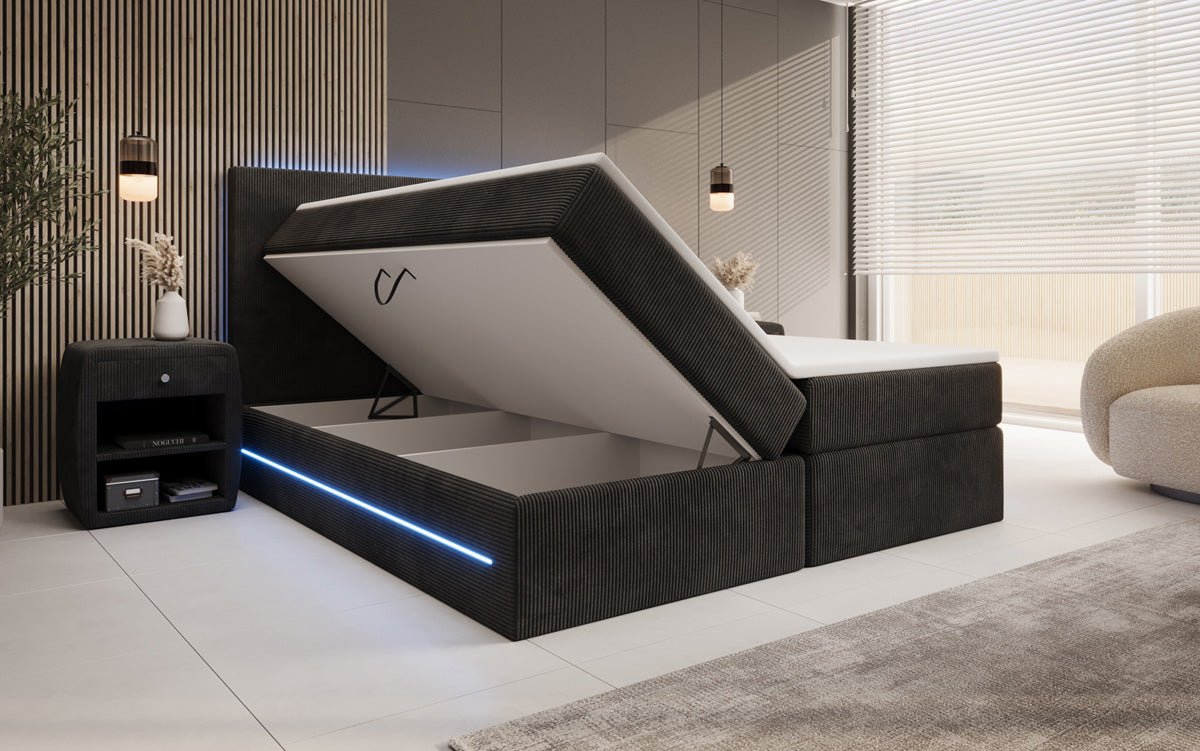 Boxspringbett Voyage mit LED u. Stauraum in Cord