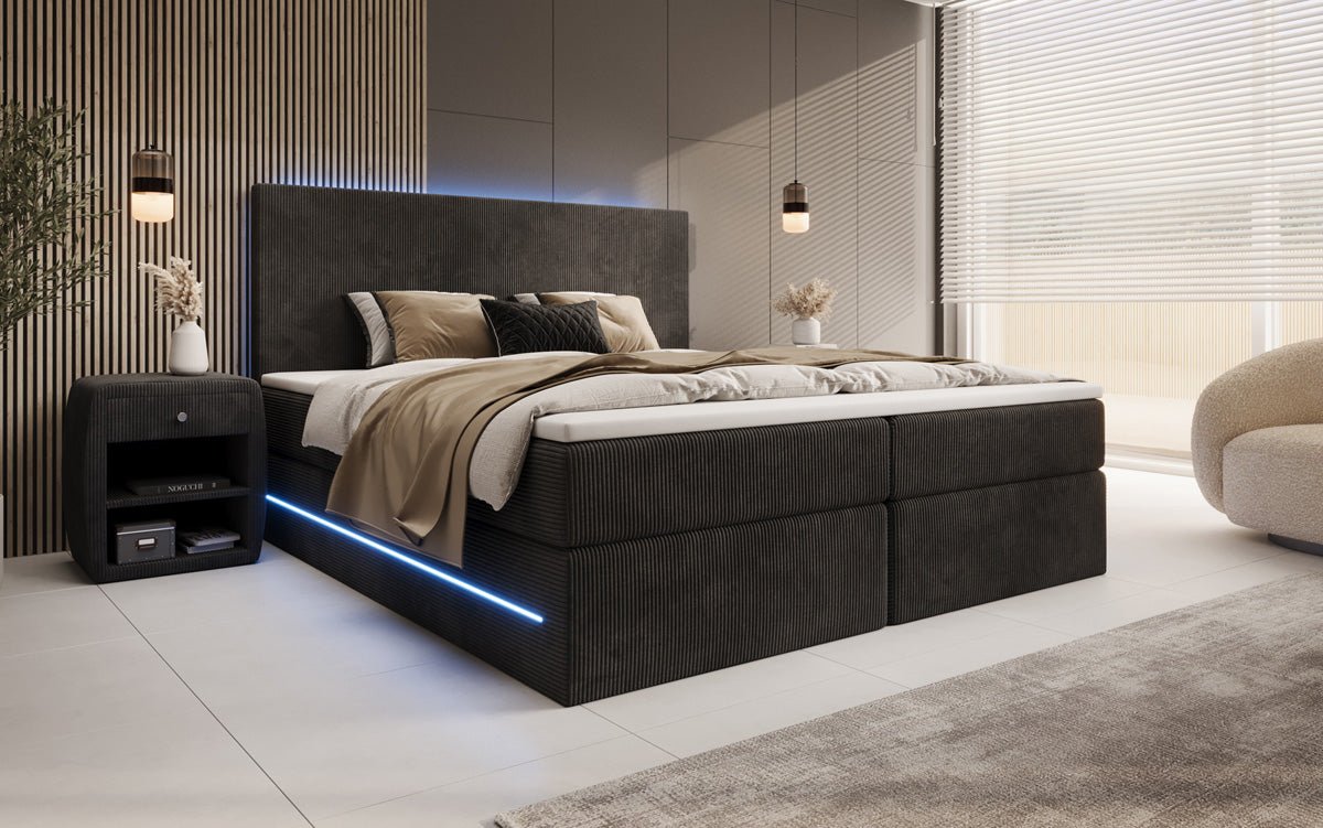 Boxspringbett Voyage mit LED u. Stauraum in Cord