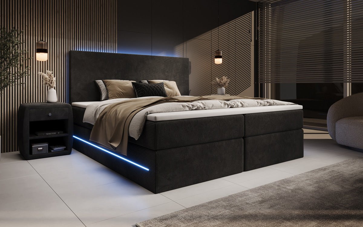 Boxspringbett Voyage mit LED u. Stauraum in Cord