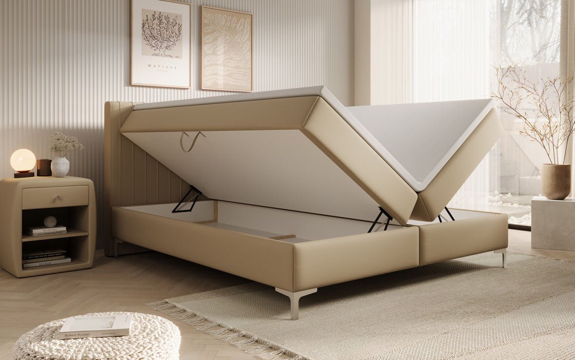 Leona Box Spring Bed in Faux Leather with Storage