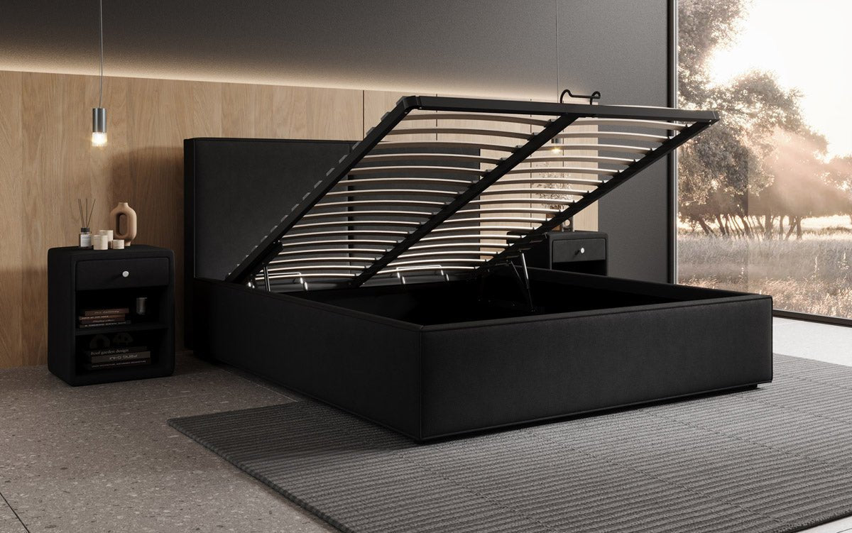 Designer upholstered bed Elara in fabric with storage