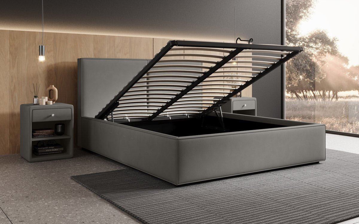 Designer upholstered bed Elara in fabric with storage