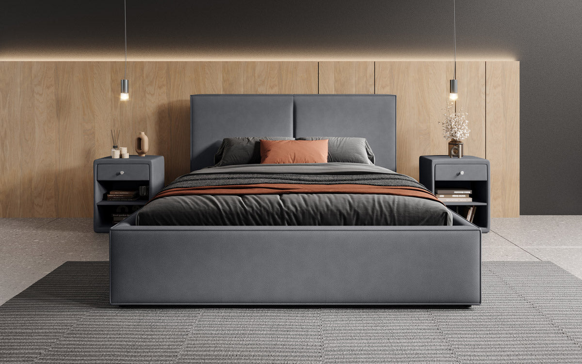Designer upholstered bed Elara in fabric with storage
