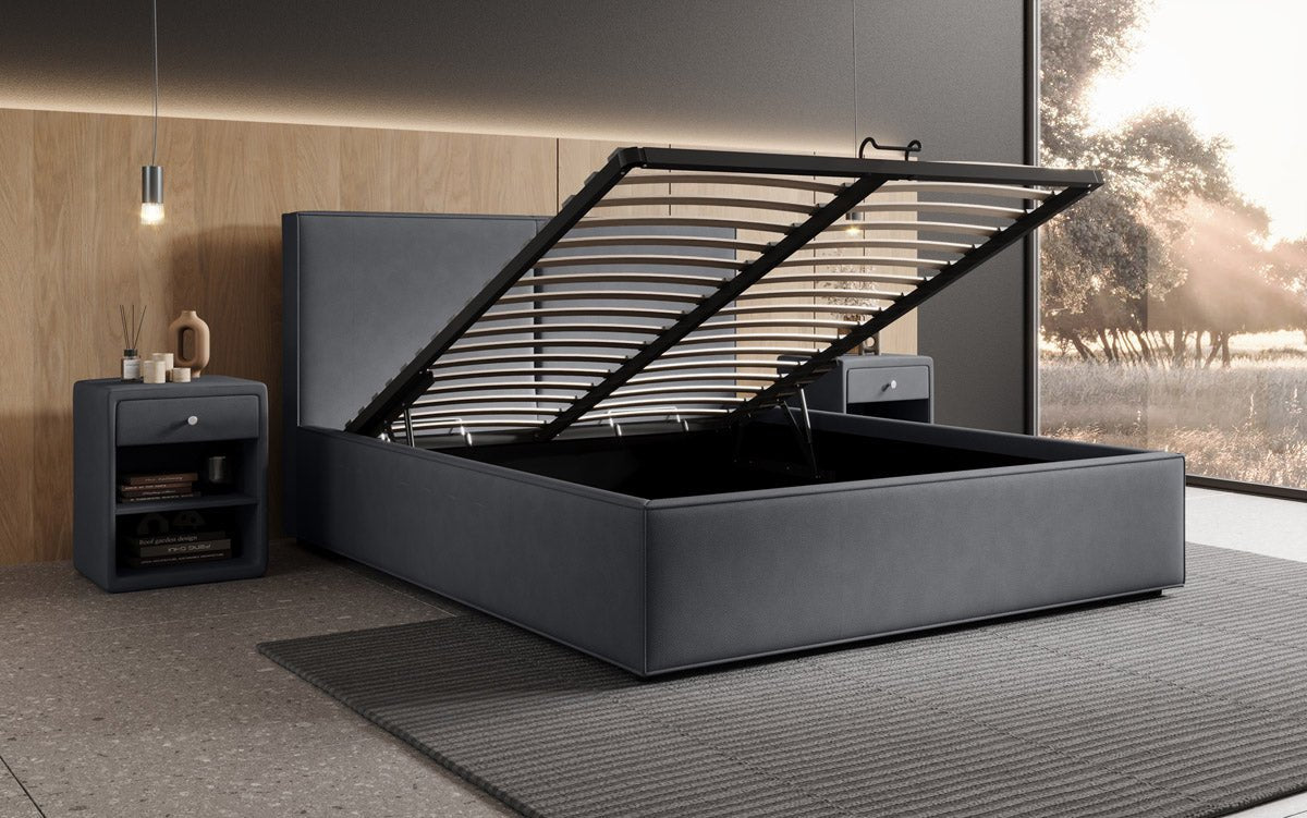 Designer upholstered bed Elara in fabric with storage