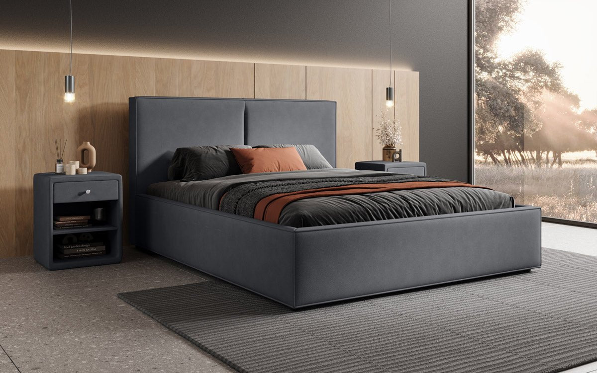 Designer upholstered bed Elara in fabric with storage