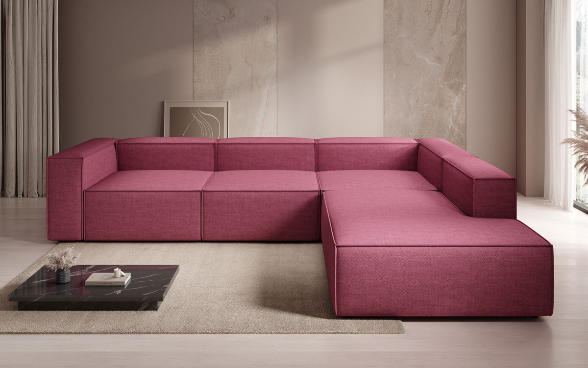 Designer Ecksofa Lesley mit langer Ottomane in Leinen-Optik