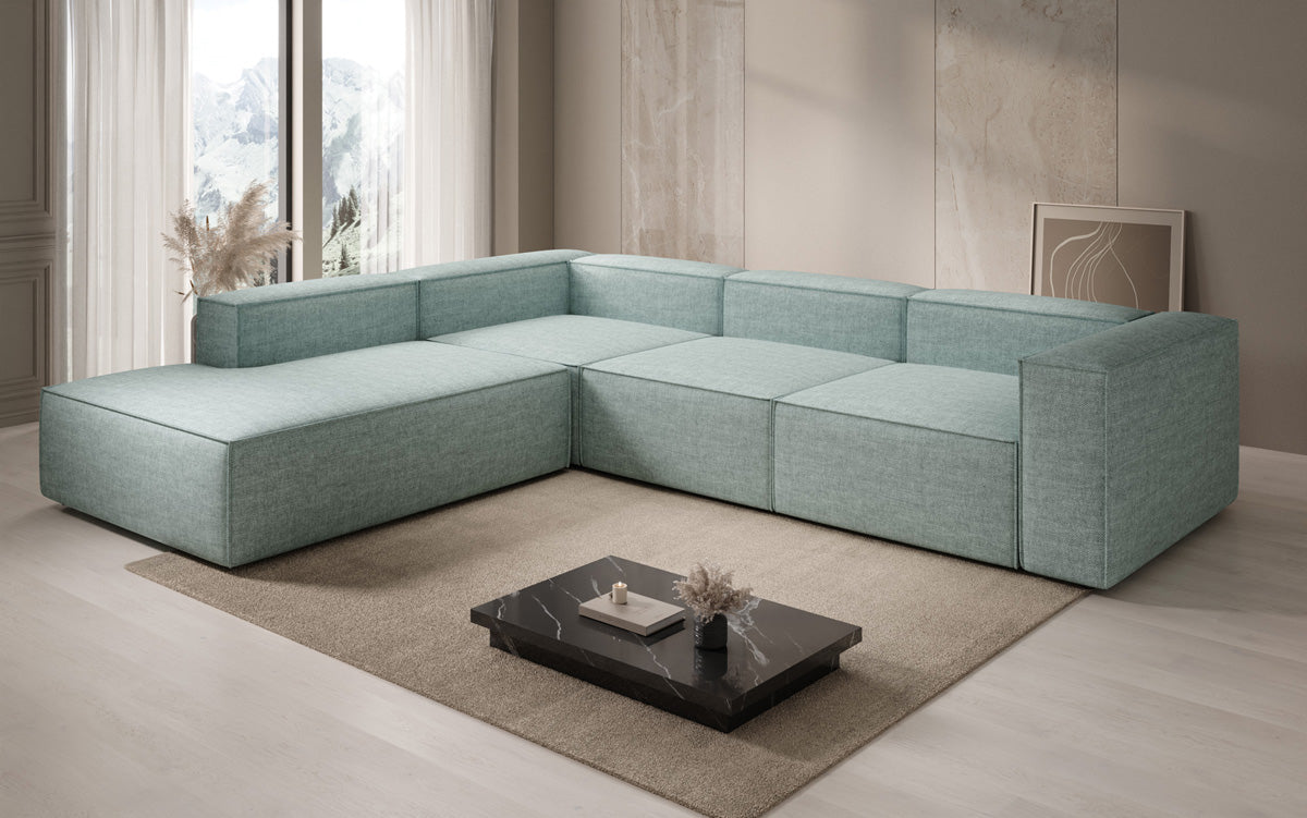 Designer Ecksofa Lesley mit langer Ottomane in Leinen-Optik