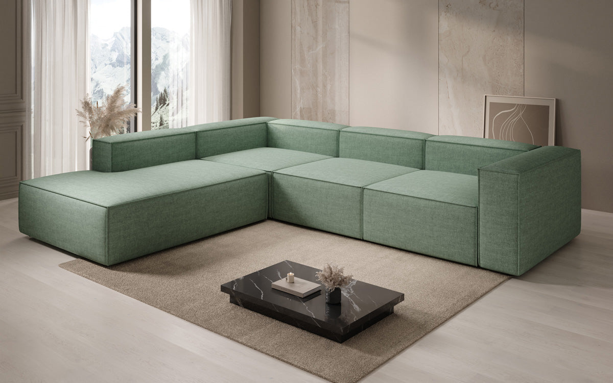 Designer Ecksofa Lesley mit langer Ottomane in Leinen-Optik
