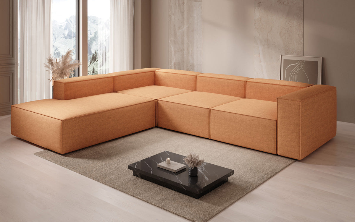 Designer Ecksofa Lesley mit langer Ottomane in Leinen-Optik