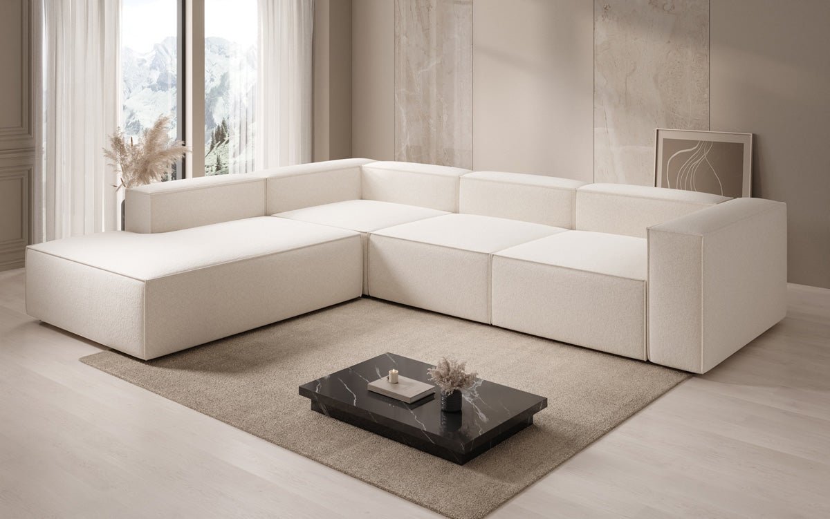 Designer Sofa Lesley L mit langer Ottomane in Strukturstoff