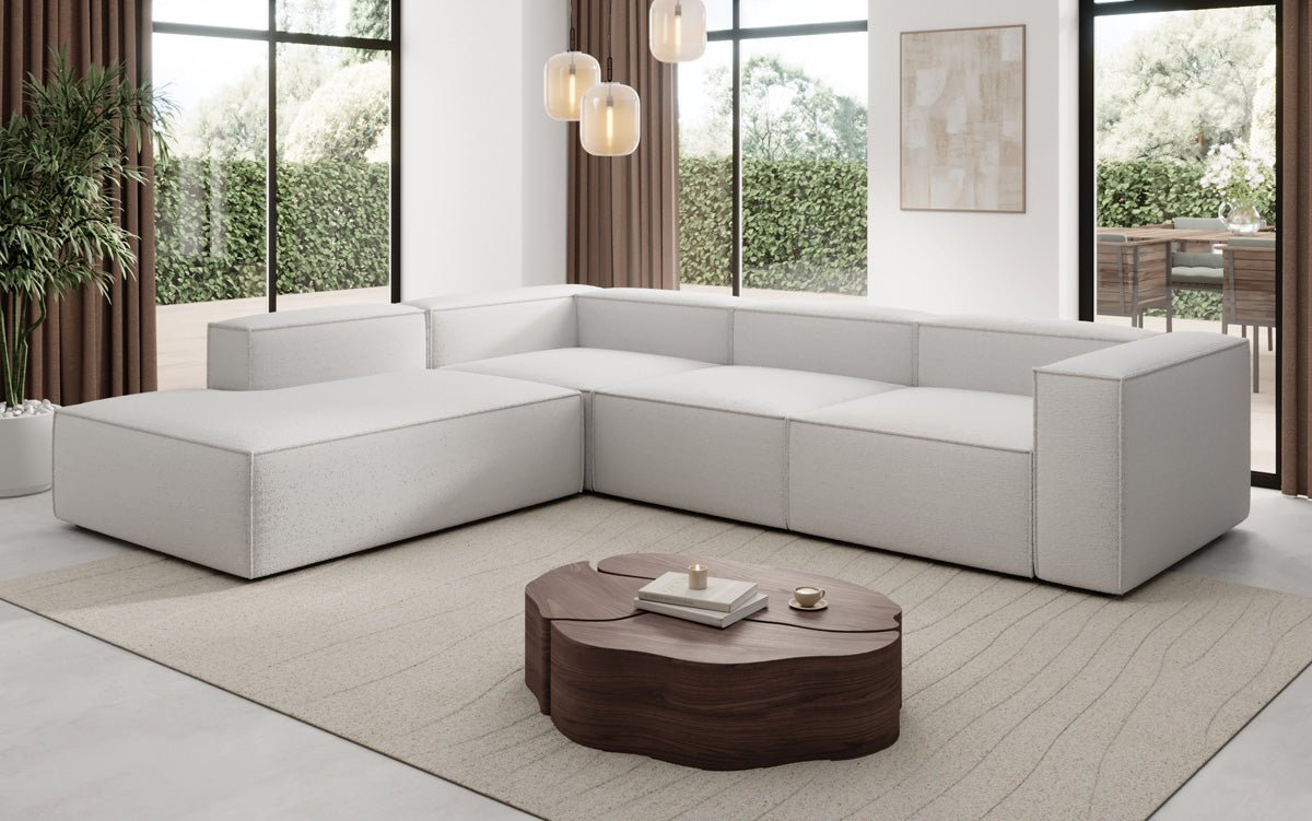 Designer Sofa Lesley L mit langer Ottomane in Bouclé