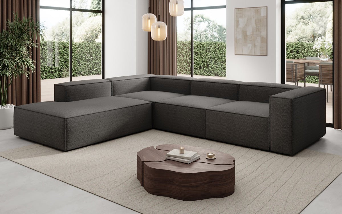 Designer Sofa Lesley L mit langer Ottomane in Bouclé