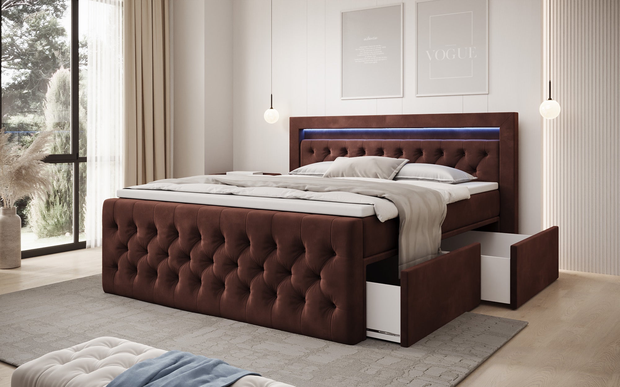 Boxspringbett Menzogna Samt mit LED und Stauraum (2 Schubladen)