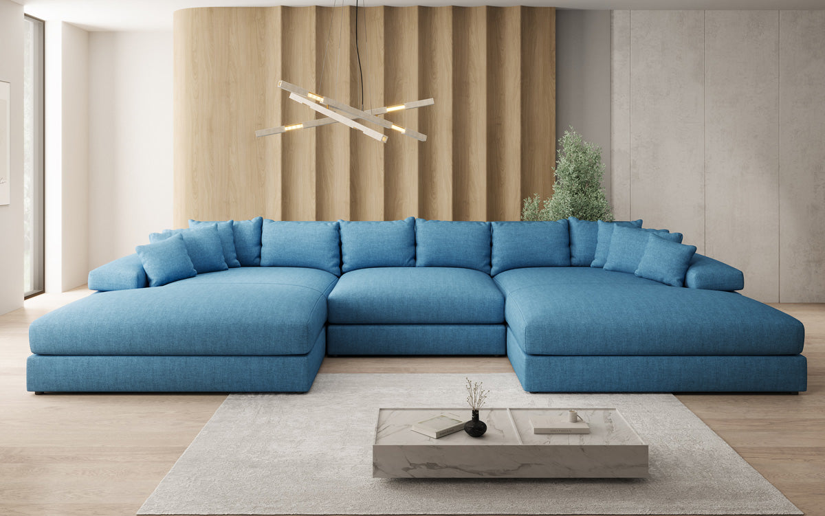 Designer Sofa Bernardo U mit breiter Ottomane in Leinen-Optik