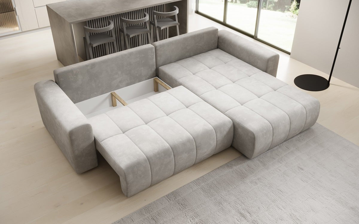 Designer Sofa Leveno L mit Schlaf- und Klappfunktion in Samt
