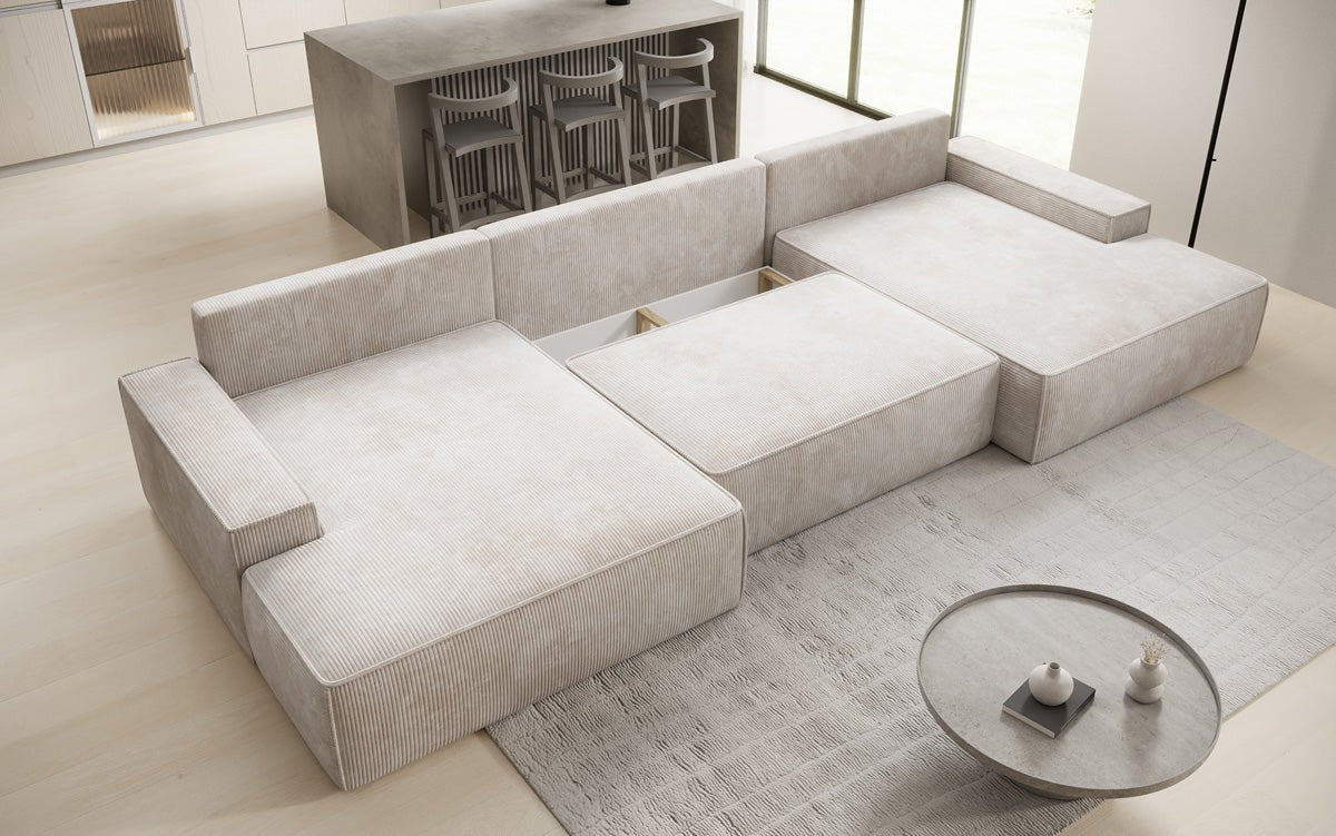 Designer Sofa Verona U mit breiter Ottomane mit Schlaffunktion und Stauraum in Cord
