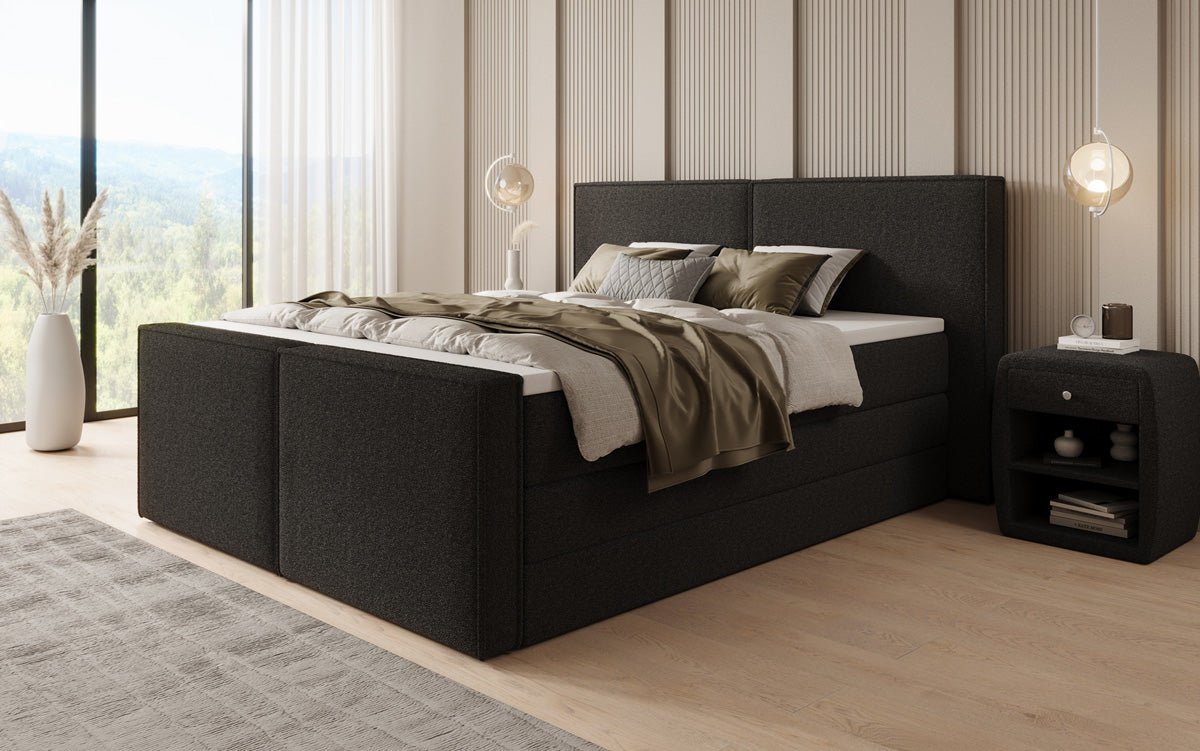 Boxspringbett Ophelia II mit hochklappbarem Stauraum in Teddy Bouclé