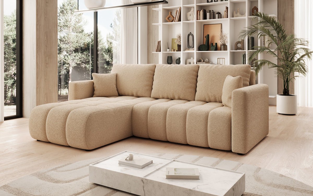 Designer Sofa Beatrice L mit Schlaf- und Klappfunktion in Bouclé