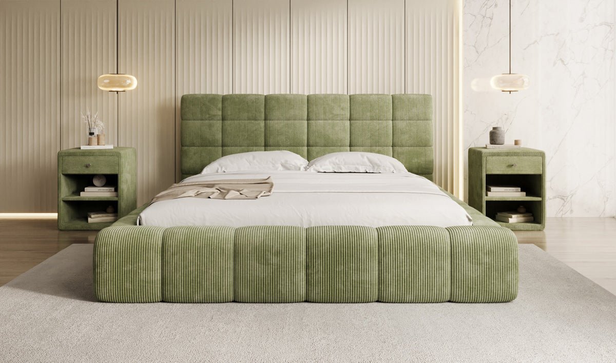 Designer Polsterbett Marshmallow in Cord mit Stauraum