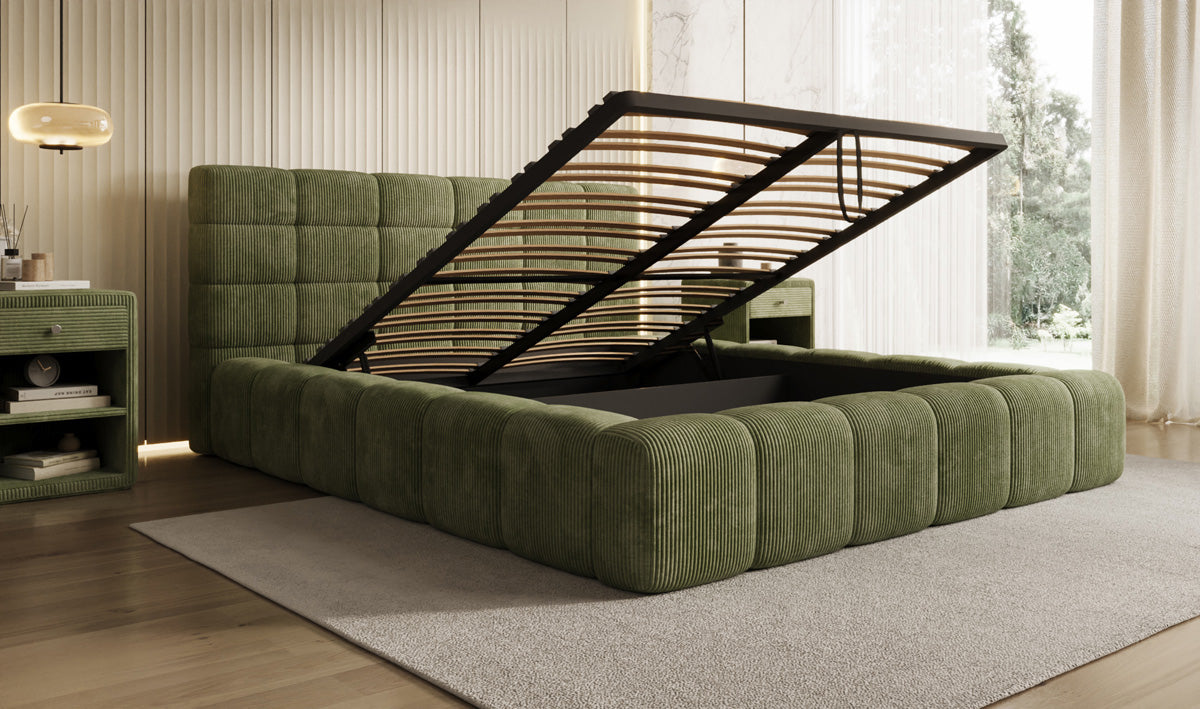 Designer Polsterbett Marshmallow in Cord mit Stauraum