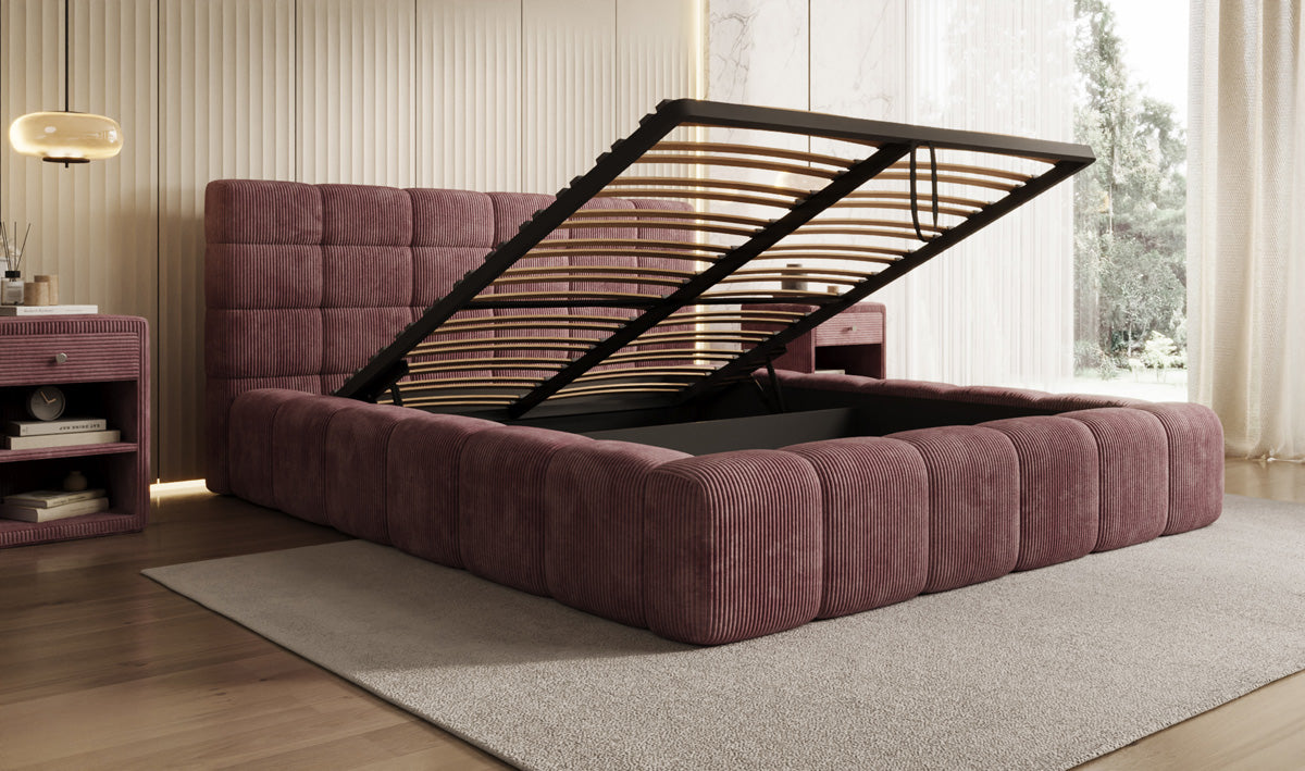 Designer Polsterbett Marshmallow in Cord mit Stauraum